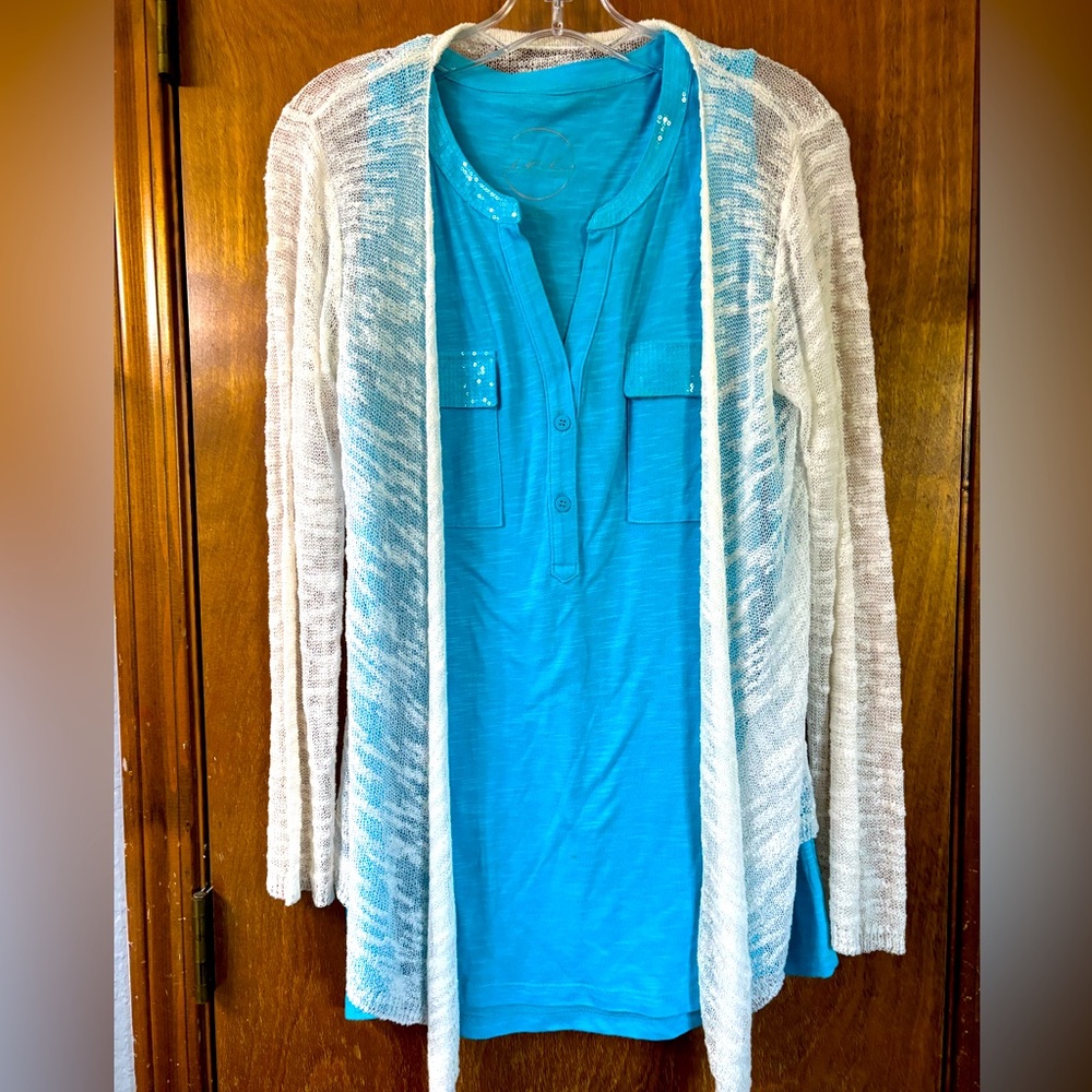 INC (International Concept) sleeveless blouse and sweater coverup, size M